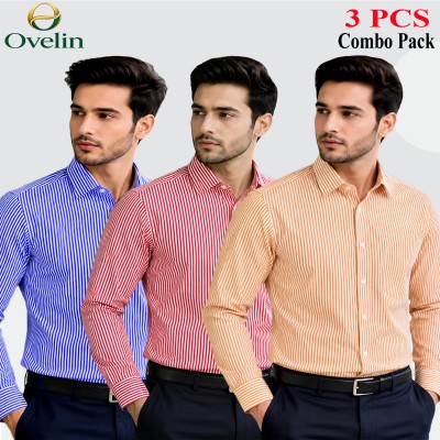 3 Pcs Combo Premium Quality Formal Shirt - Beige Stripe, Maroon Stripe & Sky Blue Stripe.