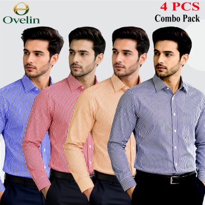 4 Pcs Combo Premium Quality Formal Shirt - Black Stripe, Beige Stripe, Maroon Stripe & Sky Blue Stripe.