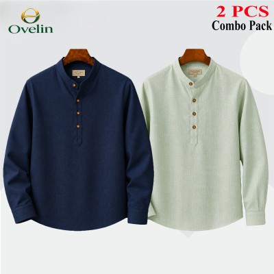2 pcs Combo (Remi Cotton Fabrics) Full Sleeve Katua For Men's - Lemon & Navy Blue.