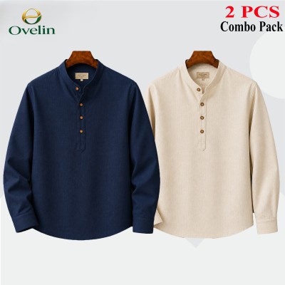 2 pcs Combo (Remi Cotton Fabrics) Full Sleeve Katua For Men's - Cream & Navy Blue.