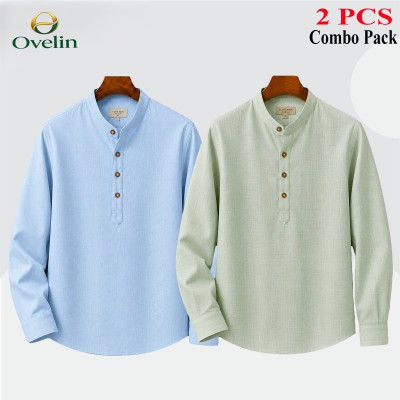 2 pcs Combo (Remi Cotton Fabrics) Full Sleeve Katua For Men's - Lemon & Sky Blue.