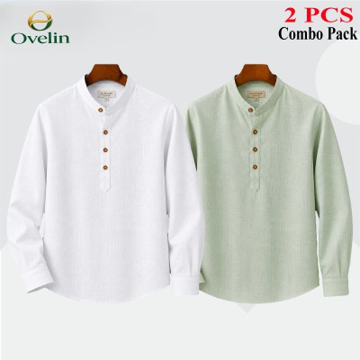 2 pcs Combo (Remi Cotton Fabrics) Full Sleeve Katua For Men's - White & Lemon.