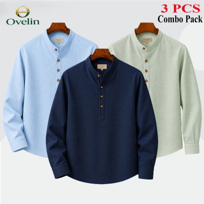 3 pcs Combo (Remi Cotton Fabrics) Full Sleeve Katua For Men's - Lemon, Sky Blue & Navy Blue.