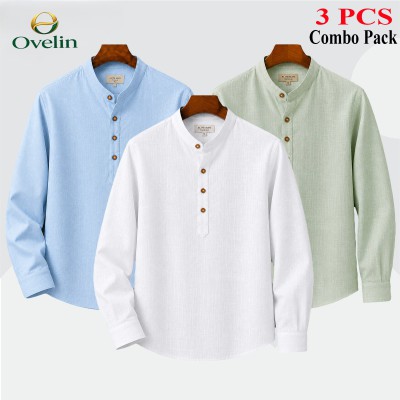 3 pcs Combo (Remi Cotton Fabrics) Full Sleeve Katua For Men's - White, Lemon & Sky Blue.