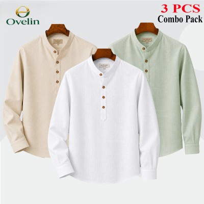 3 pcs Combo (Remi Cotton Fabrics) Full Sleeve Katua For Men's - White, Lemon & Cream.