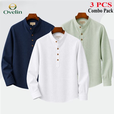 3 pcs Combo (Remi Cotton Fabrics) Full Sleeve Katua For Men's - White, Lemon & Navy Blue.