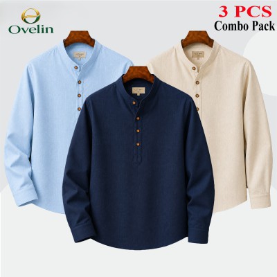 3 pcs Combo (Remi Cotton Fabrics) Full Sleeve Katua For Men's - Cream, Sky Blue & Navy Blue.