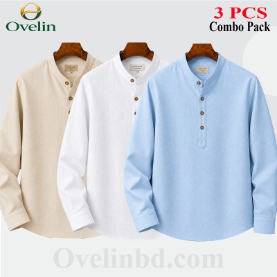 3 pcs Combo (Remi Cotton Fabrics) Full Sleeve Katua For Men's - White, Cream & Sky Blue.
