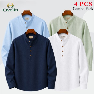 4 pcs Combo (Remi Cotton Fabrics) Full Sleeve Katua For Men's - White, Lemon, Sky Blue & Navy Blue.