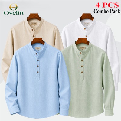 4 pcs Combo (Remi Cotton Fabrics) Full Sleeve Katua For Men's - White, Lemon, Cream & Sky Blue .