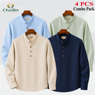 4 pcs Combo (Remi Cotton Fabrics) Full Sleeve Katua For Men's - Cream, Lemon, Sky Blue & Navy Blue.