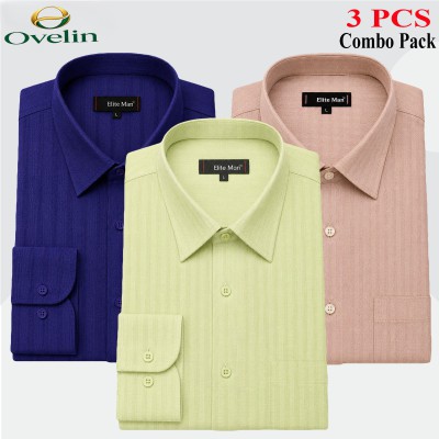 3 Pcs Combo Formal Shirt (City Stripe) - Cream, Lemon & Navy Blue.