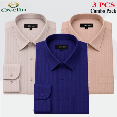 3 Pcs Combo Formal Shirt (City Stripe) - Cream, Ash & Navy Blue.
