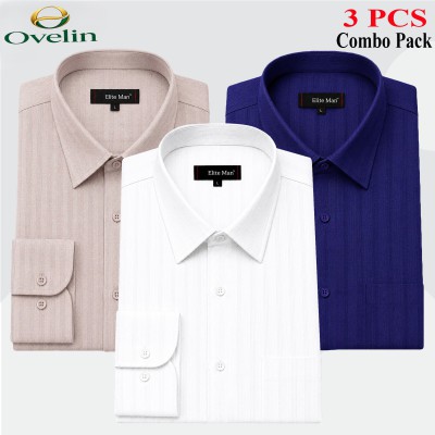 3 Pcs Combo Formal Shirt (City Stripe) - White, Ash & Navy Blue.