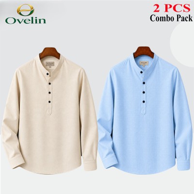 2 pcs Combo (Remi Cotton Fabrics) Full Sleeve Katua For Men's - Cream & Sky Blue.
