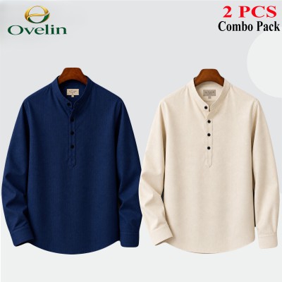 2 pcs Combo (Remi Cotton Fabrics) Full Sleeve Katua For Men's - Cream & Navy Blue.