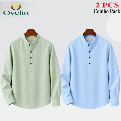 2 pcs Combo (Remi Cotton Fabrics) Full Sleeve Katua For Men's - Lemon & Sky Blue.