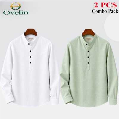 2 pcs Combo (Remi Cotton Fabrics) Full Sleeve Katua For Men's - White & Lemon.