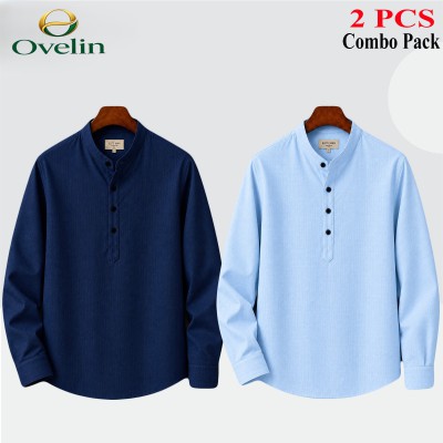 2 pcs Combo (Remi Cotton Fabrics) Full Sleeve Katua For Men's - Sky Blue & Navy Blue.
