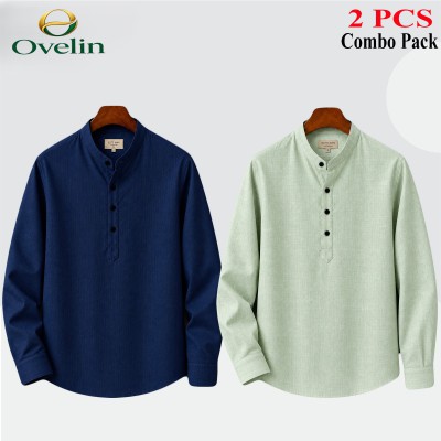 2 pcs Combo (Remi Cotton Fabrics) Full Sleeve Katua For Men's - Lemon & Navy Blue.
