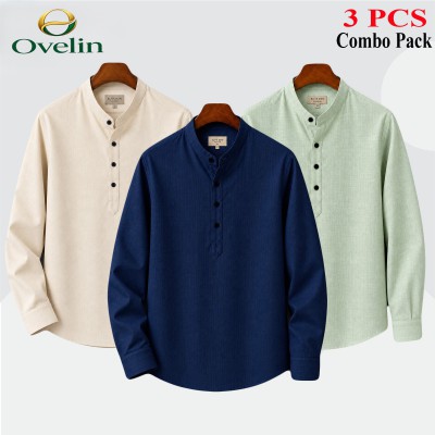 3 pcs Combo (Remi Cotton Fabrics) Full Sleeve Katua For Men's - Lemon, Cream & Navy Blue.