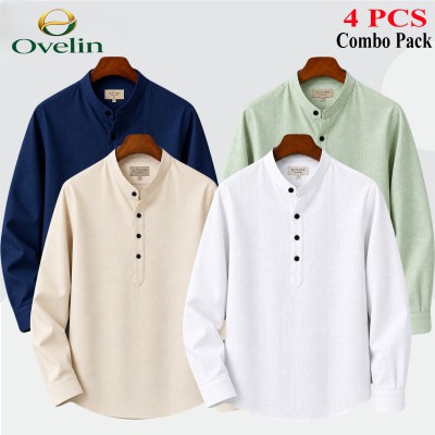 4 pcs Combo (Remi Cotton Fabrics) Full Sleeve Katua For Men's - White, Lemon, Cream & Navy Blue.