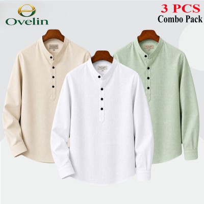 3 pcs Combo (Remi Cotton Fabrics) Full Sleeve Katua For Men's - White, Lemon & Cream.