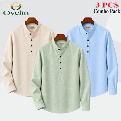 3 pcs Combo (Remi Cotton Fabrics) Full Sleeve Katua For Men's - Cream, Lemon & Sky Blue.