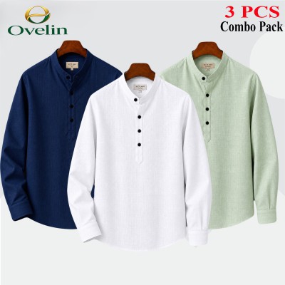 3 pcs Combo (Remi Cotton Fabrics) Full Sleeve Katua For Men's - White, Lemon & Navy Blue.