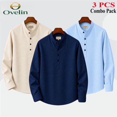 3 pcs Combo (Remi Cotton Fabrics) Full Sleeve Katua For Men's - Cream, Sky Blue & Navy Blue.