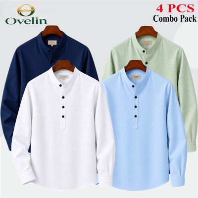 4 pcs Combo (Remi Cotton Fabrics) Full Sleeve Katua For Men's - White, Lemon, Sky Blue & Navy Blue.