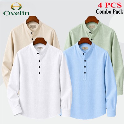 4 pcs Combo (Remi Cotton Fabrics) Full Sleeve Katua For Men's - White, Lemon, Cream & Sky Blue .