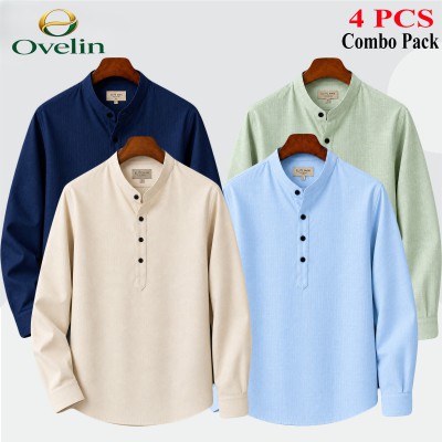 4 pcs Combo (Remi Cotton Fabrics) Full Sleeve Katua For Men's - Cream, Lemon, Sky Blue & Navy Blue.
