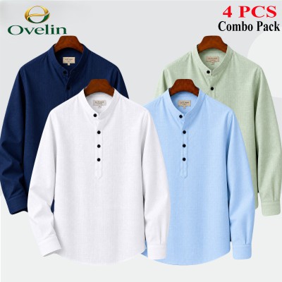 4 pcs Combo (Remi Cotton Fabrics) Full Sleeve Katua For Men's - White, Lemon, Sky Blue & Navy Blue.