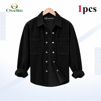 Premium Quality Denim Double Pocket Shirt (Snap Button) - Black.