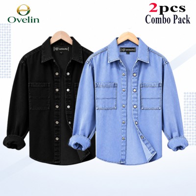 2 Pcs Combo Denim Double Pocket Shirt (Snap Button) - Black & Light Blue.