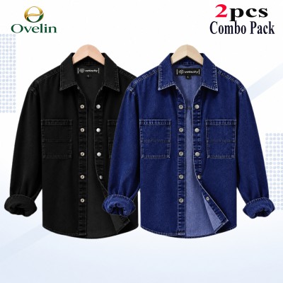 2 Pcs Combo Denim Double Pocket Shirt (Snap Button) - Black & Deep Blue.