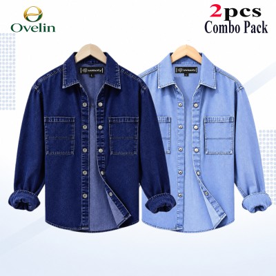 2 Pcs Combo Denim Double Pocket Shirt (Snap Button) - Light Blue & Deep Blue.