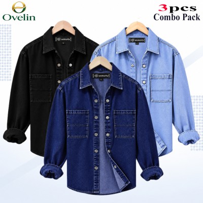 3 Pcs Combo Denim Double Pocket Shirt (Snap Button) - Black, Light Blue & Deep Blue.