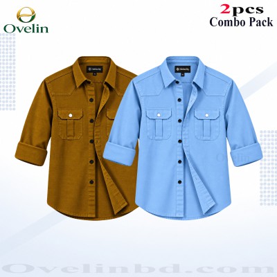 2 Pcs Combo Premium Quality Double Pocket Shirt - Banson & Sky Blue.
