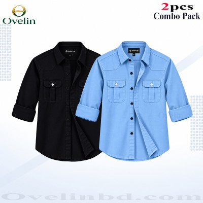 2 Pcs Combo Premium Quality Double Pocket Shirt - Black & Sky Blue.