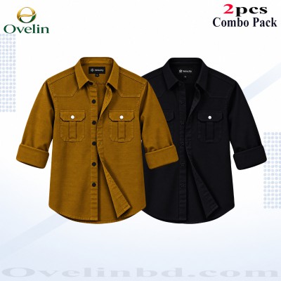 2 Pcs Combo Premium Quality Double Pocket Shirt - Black & Banson.