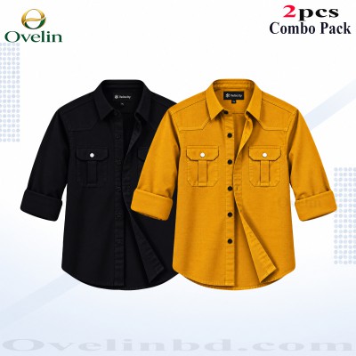 2 Pcs Combo Premium Quality Double Pocket Shirt - Black & Kathali.