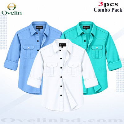 3 Pcs Combo Premium Quality Double Pocket Shirt - White, Pest & Sky Blue.