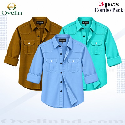 3 Pcs Combo Premium Quality Double Pocket Shirt - Pest, Banson & Sky Blue.
